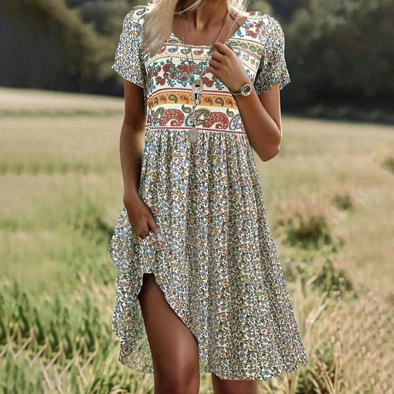 Lise | Robe midi à col ras du cou et à manches courtes à pois - Floriebelle