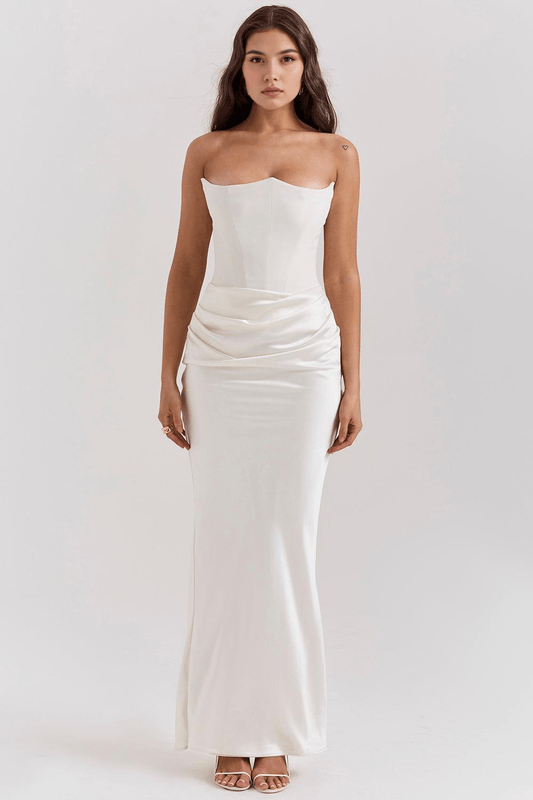 Robe longue modélisante Lily en velours élastique et satin blanc, élégante et sans bretelles