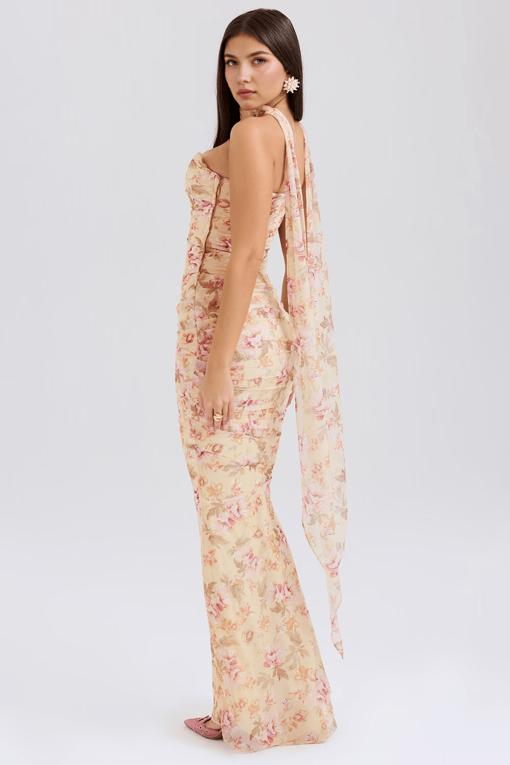 Robe bustier longue motif floral beige, idéale pour mariages et cérémonies