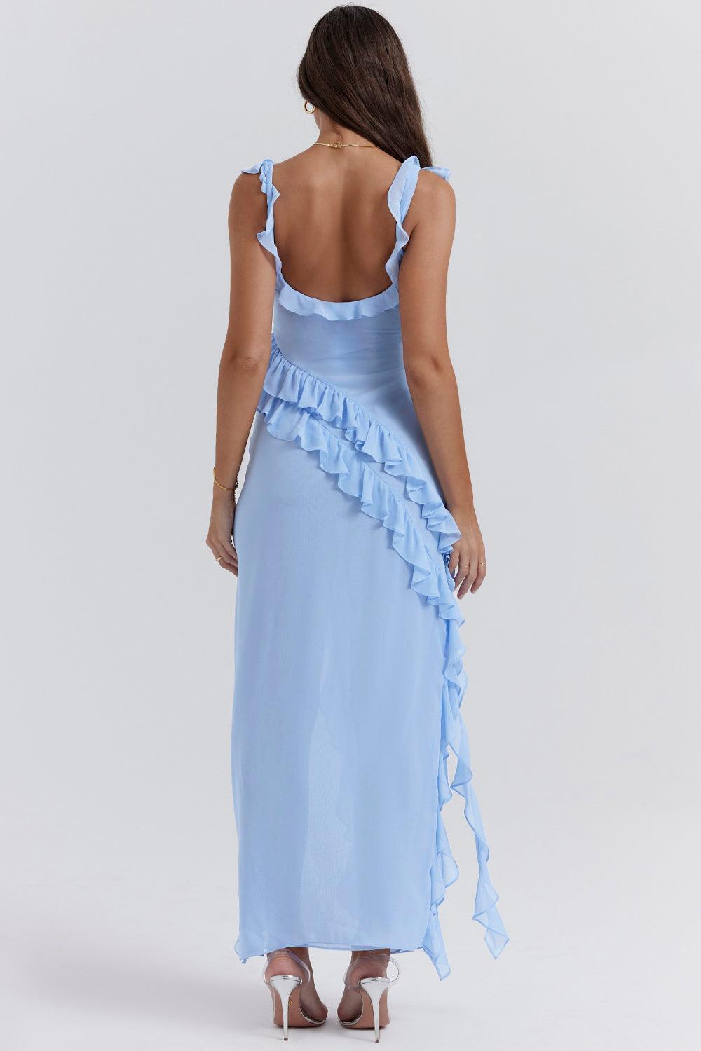 Robe longue Hailey bleu bébé, parfaite pour un mariage ou un dîner élégant, vue de face